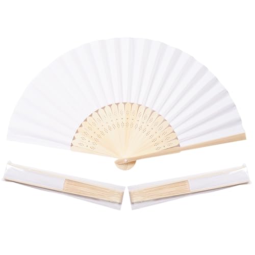 50pcs White Paper Hand Fans with Bamboo Frames for Weddings Parties & Decor