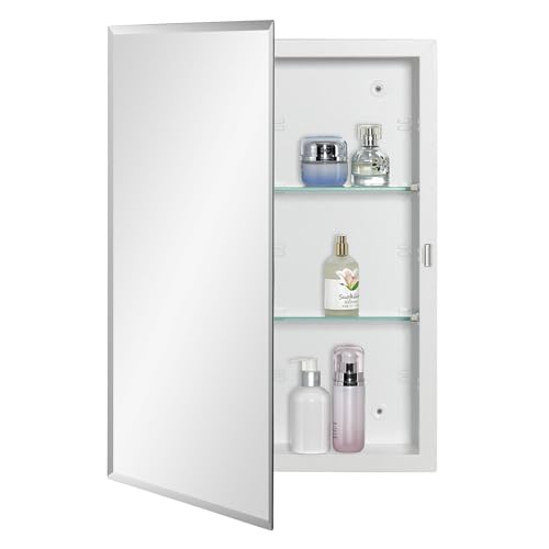 IDYLLOR White Beveled Edge Recessed or Surface Mount Bathroom Medicine Cabinet, 16x22 inch with Adjustable Shelves - Matt White