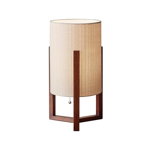 Walnut Birch Wood & Linen Table Lamp - Modern Compact Nightstand Light