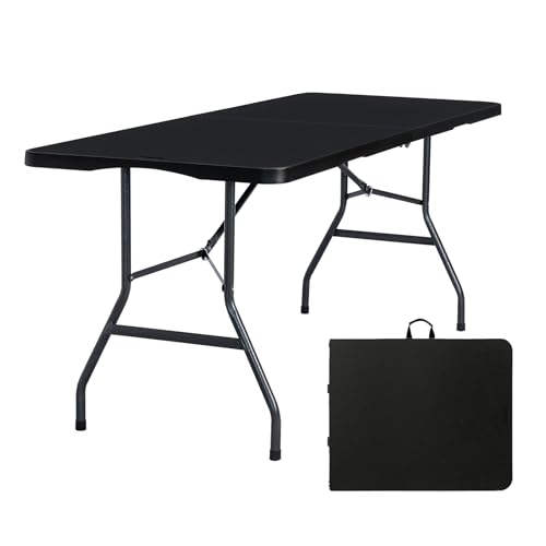 Black 6ft Folding Table - Heavy Duty Portable Utility Table with Handle