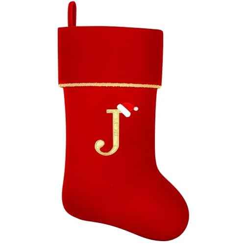 Personalized Christmas Stockings with Initials, 20 Inches Large Red Velvet Embroidered Monogram Xmas Stocking for Family Holiday Party Gifts Fireplace Decor(Letter J)