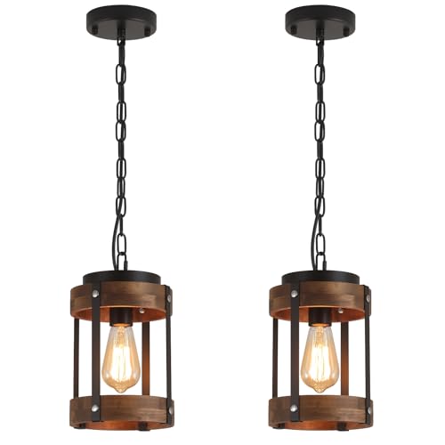 Small Pendant Light 2 Pack Rustic Farmhouse Wood and Metal Fixture - Adjustable Chain