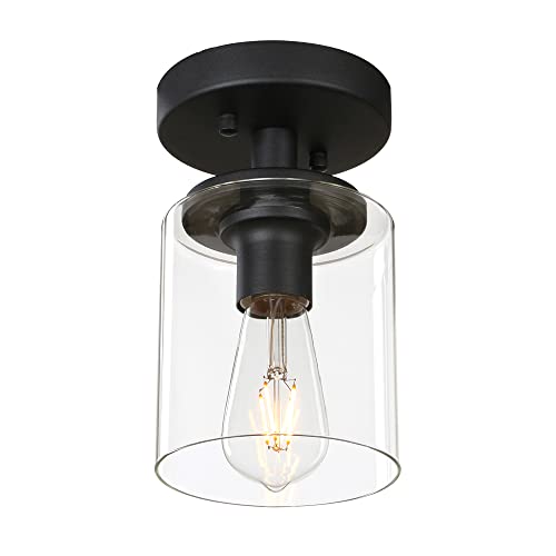Pathson Industrial Ceiling Light Fixture with Glass Shade, 1-Light Flush Mounted Pendant Lighting Chandelier for Hallway Loft Kitchen Bar Close to Ceiling