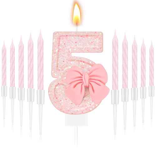 MTLEE 5th Number Birthday Candle Girls Pink Bow Glitter Happy Birthday Number Cake Topper with 10 Long Thin Spiral Cupcake Candle Bowknot Cake Decorations for Wedding Anniversary Princess Theme Party