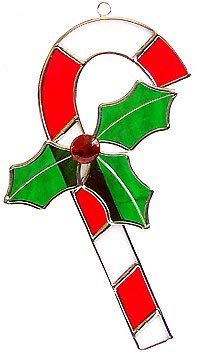 Stained Glass Candy Cane Suncatcher with Holly Leaves & Red Berry - Holiday Window Decor