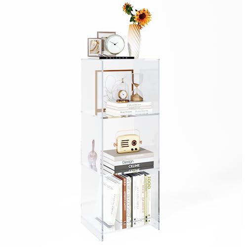 Invisibiliter Clear Acrylic 3-Tier Bookcase - 31.5 Inch Tall Floor Standing Shelf, Modern Display Storage for Home & Office