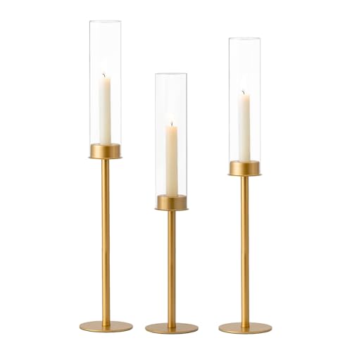 Hewory Gold Candlestick Holders 3-Piece Glass Hurricane with Tall Brass Base - Matte Gold