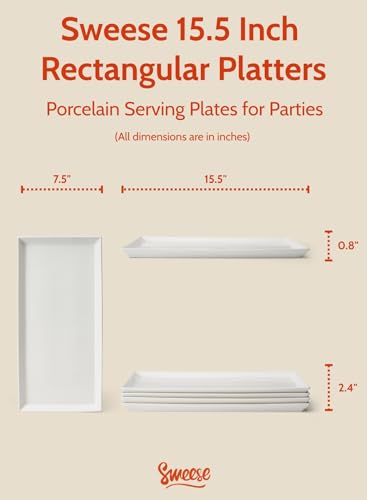 Sweese 15.5 Inch White Porcelain Serving Platters Set of 4 - Rectangular Food Trays for Parties and Catering