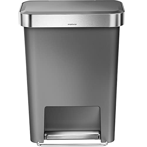 Simplehuman 45L Rectangular Kitchen Step Trash Can - Grey Plastic, Soft-Close Lid, No Inner Bucket, Variation of Gray
