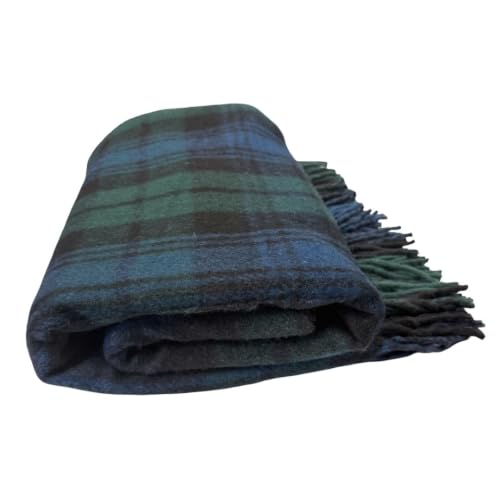 Briomhar Black Watch Tartan Wool Throw Blanket - 60x72 inches with Fringe