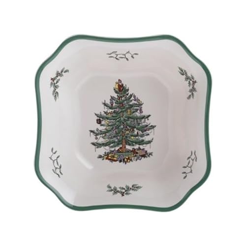Spode Christmas Tree 9.5-Inch Square Salad Bowl - Festive Holiday Ceramic Serving Dish with Holiday Design