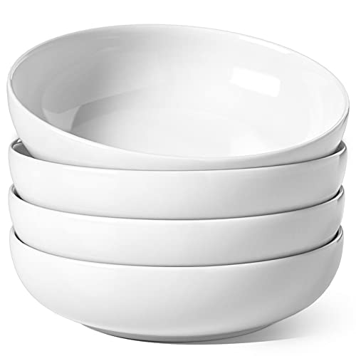 Large 8.5 Inch Pasta Bowls Set of 4 - White, 45 oz Microwave Safe Serving Plates