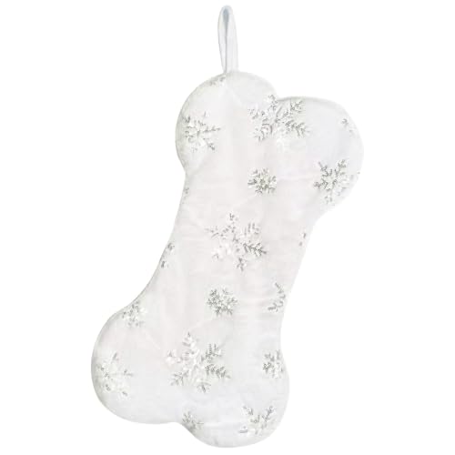 SherryDC White Plush Bone Christmas Stockings for Pet 2 Packs, Snowflake with Silver Foil Stamping, Holiday Hanging Socks for Fireplace Xmas Decor
