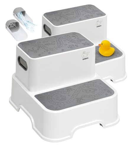 Grey & White Toddler Step Stool for Bathroom Sink & Potty Training 2-Pack - Kid-Friendly Plastic Boosters with Faucet Extenders