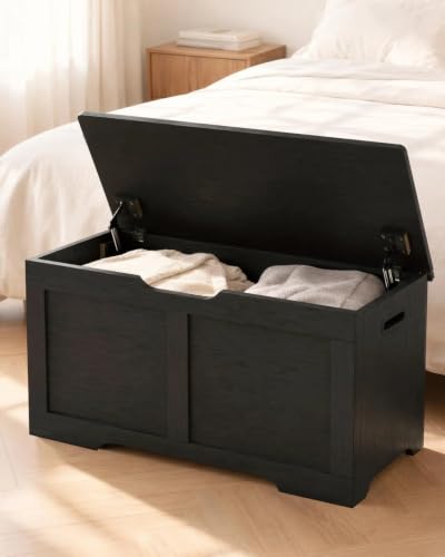 Black Timberer 31.5-Inch Wooden Storage Chest with Safety Hinges, Rustic Bench