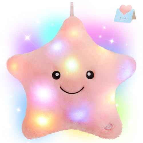 WEWILL 9'' LED Twinkle Star Soft Plush Pillow Toys Glowing Stuffed Star Light up Pillow Plush with Colorful Night Lights Birthday for Toddler Kids(Pink)