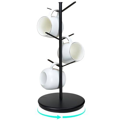ZOMETUO 360° Rotating Mug Tree with 6 Hooks, Bamboo Base – Black