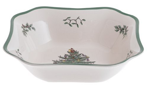 Spode Christmas Tree 9.5-Inch Square Salad Bowl - Festive Holiday Ceramic Serving Dish with Holiday Design
