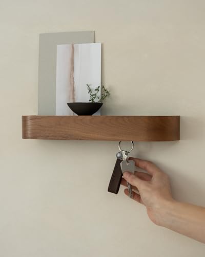 Kazai 'Toke' Walnut Wall Key Holder with Wooden Shelf, 8 Hooks, Entryway Organizer