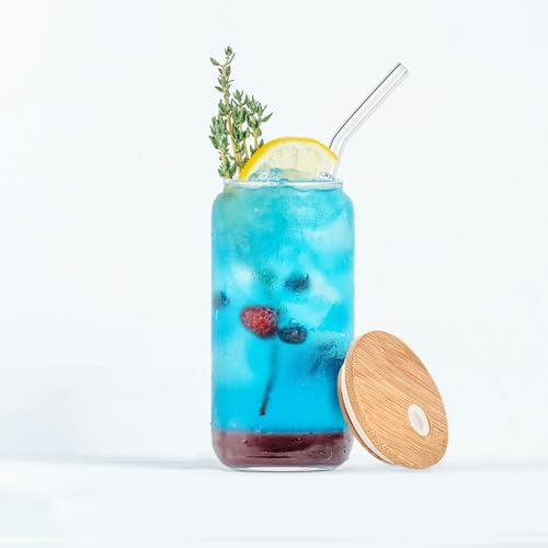 20 Pack 16oz Glass Beer Can Shaped Drinking Cups with Bamboo Lids & Glass Straws