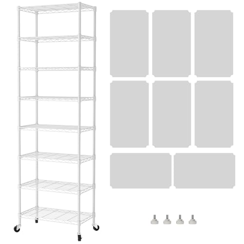 8-Tier Metal Wire Closet Shelf with Wheels, Adjustable Storage, White 12x22x74