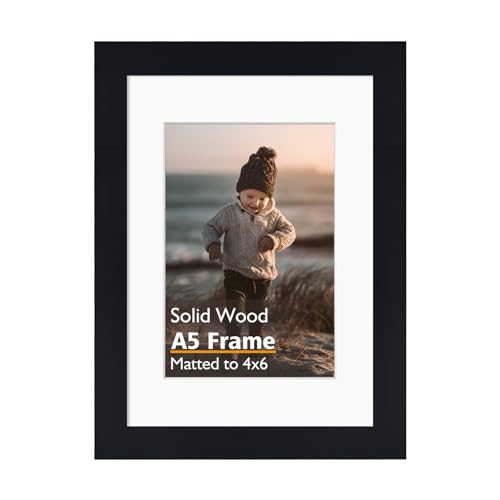KINLINK Black A5 Picture Frame with Mat, Solid Wood, 4x6 & Wall Mount