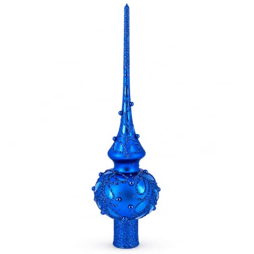 Blue Glass Christmas Tree Topper with Hand-Painted Jewels - 11 Inches