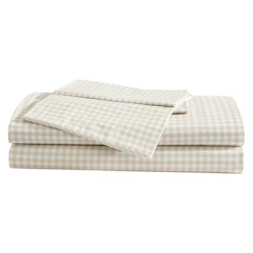 Little Gingham Beige Full Size Cotton Percale Sheet Set with Fitted Sheet & Pillowcases