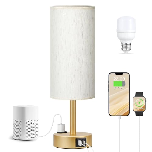 Fenmzee Cream Gold 14-inch Dimmable Bedside Touch Lamp with USB-C, USB-A & Outlet