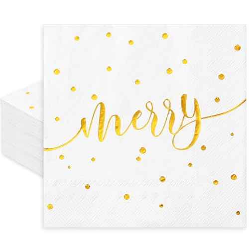 50Pcs Merry Christmas Cocktail Napkin Gold Foil Polka Dots Disposable Paper Napkin Xmas Winter Beverage Napkin for Party Table Decor