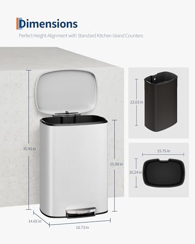 Garvee 13.2 Gal White Metal Kitchen Trash Can with Lid & Inner Bucket - Rustproof, Step-On, Soft Close