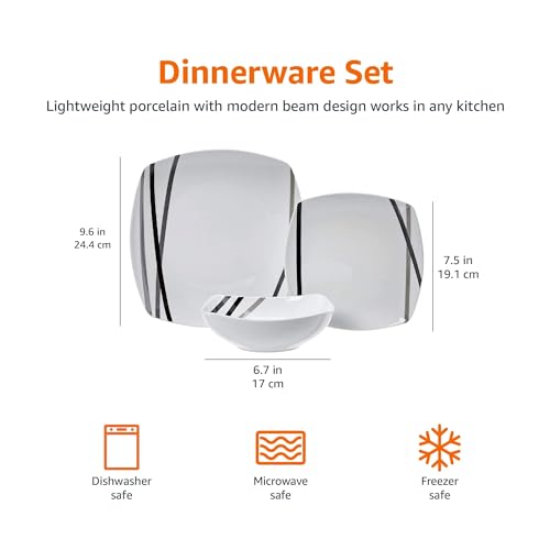 Modern Beams Square Dinnerware Set for 6 - 18-Piece Porcelain Plates & Bowls