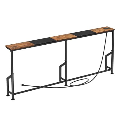Narrow Console Table with Power Outlet - Rustic Brown & Black, 76.9"
