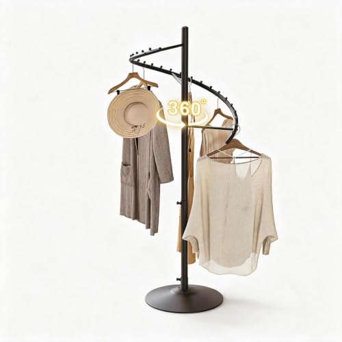 Freestanding 360° Rotating Clothing Rack - Matte Black, Height Adjustable, Heavy Duty Metal Spiral Garment Stand for Shops & Home
