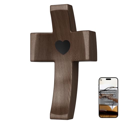 Walnut Wooden Cross Fidget - Touch to Read Bible Verse via Phone - Pocket Cross for Christians, Small Wooden Crosses for Baptism, Confirmation, Easter, Christmas