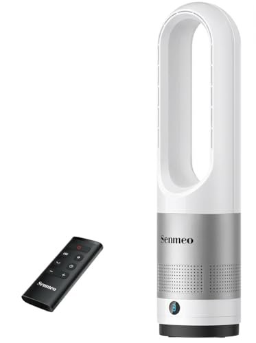Senmeo 22-Inch Bladeless Tower Fan with Remote Control, 8 Speeds, 9-Hour Timer - White + Silver