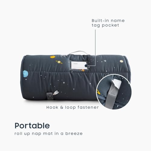 Extra Long Toddler Nap Mat with Pillow & Blanket - Galaxy Space Design, 60x20 Inches, Gray