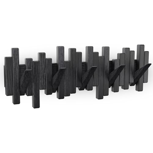 Wall Mount Coat Rack with Flip-Down Hooks - Rustic Oak Finish