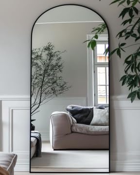 58-Inch Black Arched Full Length Floor Mirror with Stand, Full Body Reflection