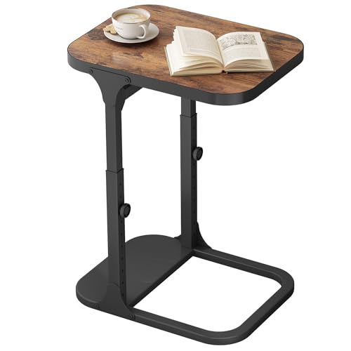 Kitstorack Brown Adjustable C-Shaped End Table for Couch & Bed - Rustic Metal Frame
