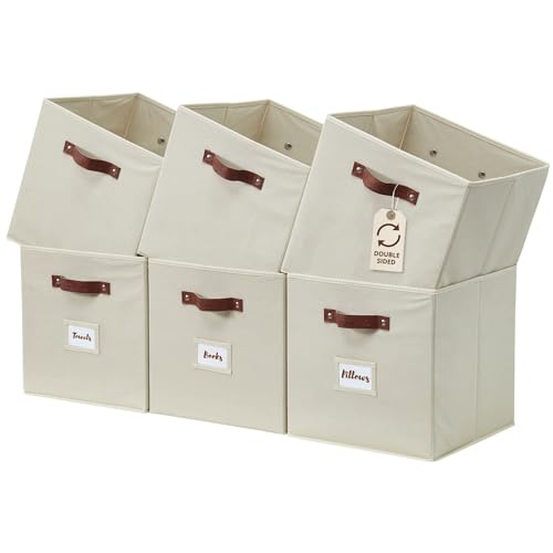 Beige Cube Storage Bins Set of 6 - 13-Inch Fabric Organizer Baskets with Labels