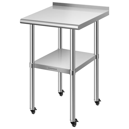 VIVOHOME 24 x 18 Inch Stainless Steel Work Table with Backsplash & Wheels, Height-Adjustable Shelf