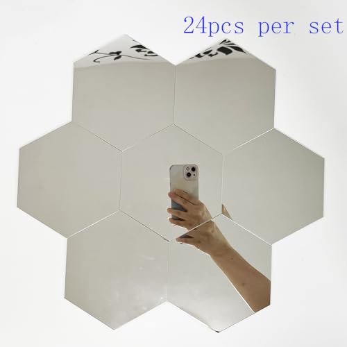 24pcs Silver Hexagon Mirror Acrylic Wall Stickers with Adhesive Art Decal Satin Paper Baby Kids Bedroom Home DIY Decor Removable Stickers (Hexagon Silver)