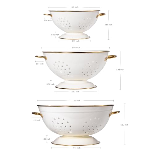 Cream Metal Colander Set of 3 - Stainless Steel Kitchen Strainers for Pasta & Vegetables