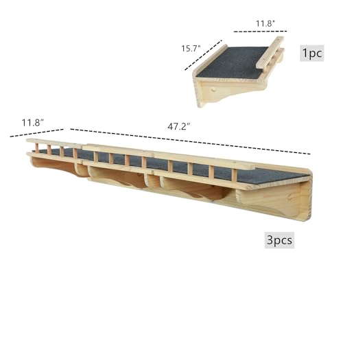 Wall Mounted Cat Shelves Set - Natural Wood 47.2 x 11.8 Inches, 3-Pack, Carpeted Perches - Variation B