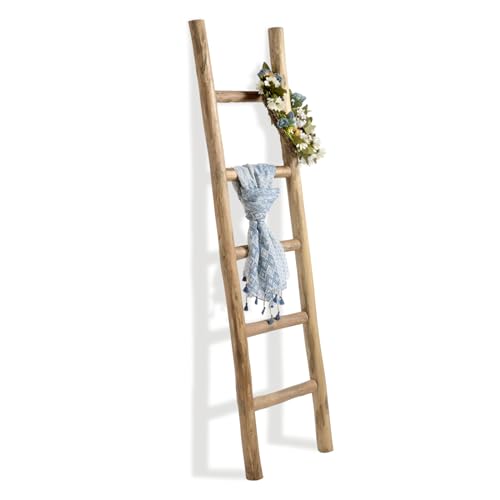 FUIN Rustic Wooden Blanket Ladder 57in - Fully Assembled, Brown Medium