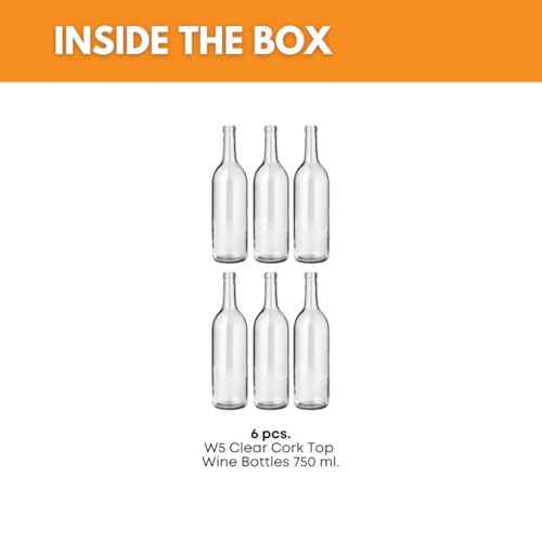 FastRack 750 ml Clear Bordeaux Wine Bottles (Pack of 6) | Flint Flat-Bottomed Glass Bottles Ideal for Wine Making and Storage - NO CORKS INCLUDED