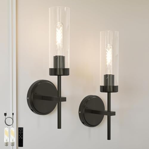 Black Battery Operated Wall Sconce Set of 2 with Remote, 3000K, 16 Inch – Seasonize