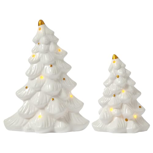 WDS WONDROUS Ceramic Christmas Tree Set of 2 White & Gold 5.1x3.1x6.2in Holiday Decor