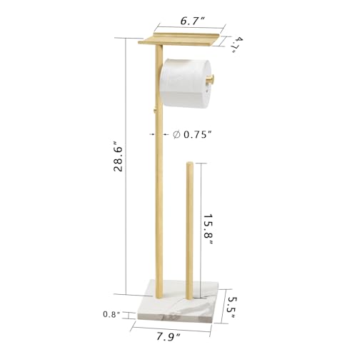 Brushed Gold Toilet Paper Holder with Shelf and 2 Dispensers - Marble Base, Free Standing Bathroom Organizer